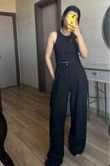 Yüksek Bel Pileli Palazzo Pantolon Siyah - L