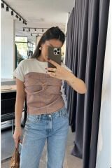 Önü Büzgülü Ekru Kahve Kareli Bluz Kahverengi - S