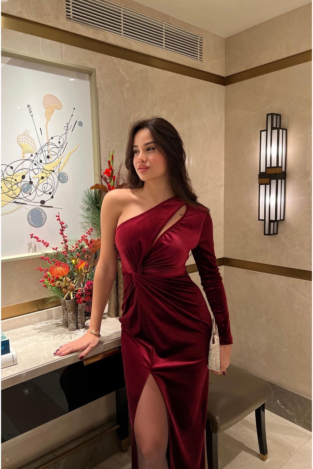 Tek Kol Detaylı Bordo Kadife Elbise Bordo - S