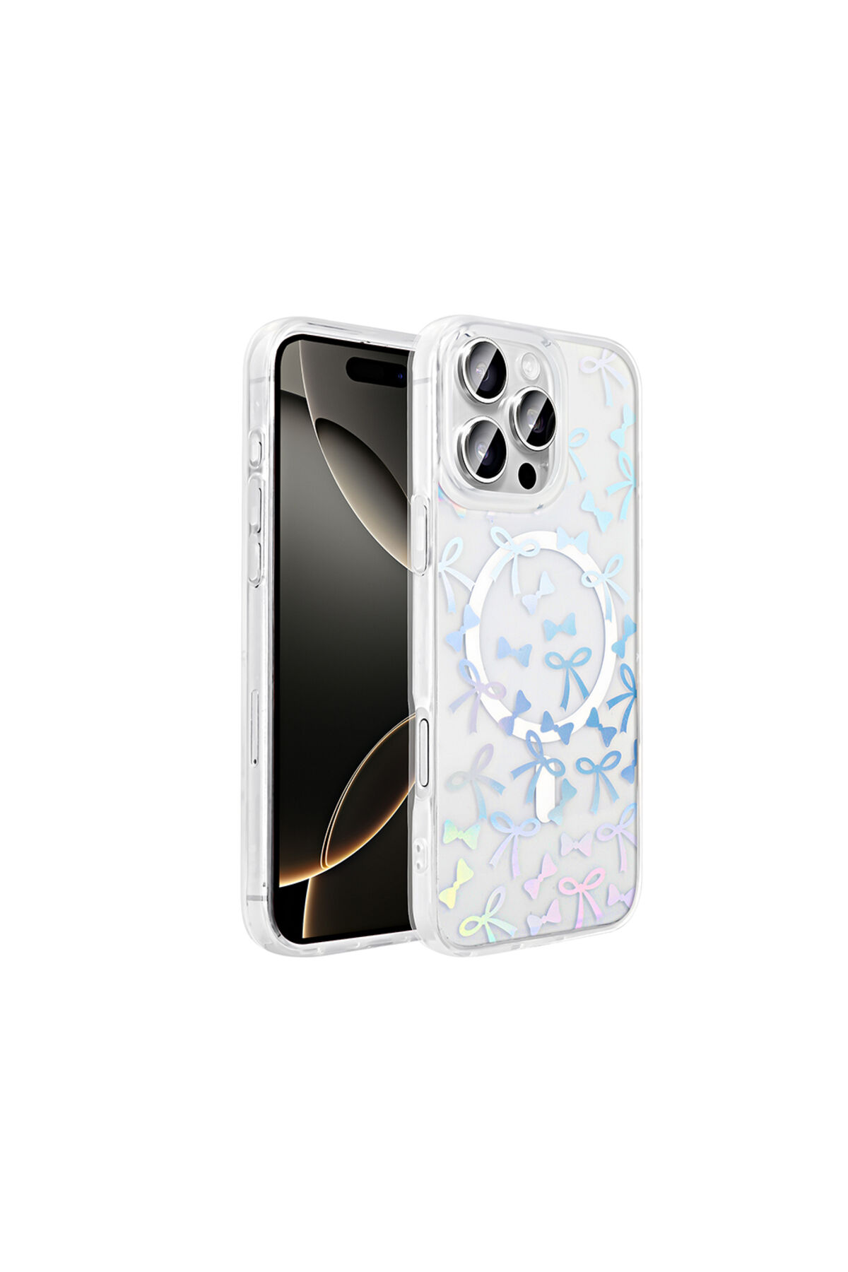 iPhone 16 Pro Kılıf M-Safe Şarj Özellikli Şeffaf AKRE Folk Sert Kapak - Fiyonk