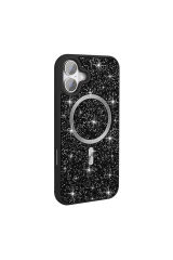 iPhone 17 Kılıf Pırlanta Tasarımlı M-safe Şarj Özellikli Zore Mozaik Silikon Kapak - Siyah