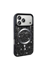 iPhone 17 Pro Kılıf Pırlanta Tasarımlı M-safe Şarj Özellikli Zore Mozaik Silikon Kapak - Siyah