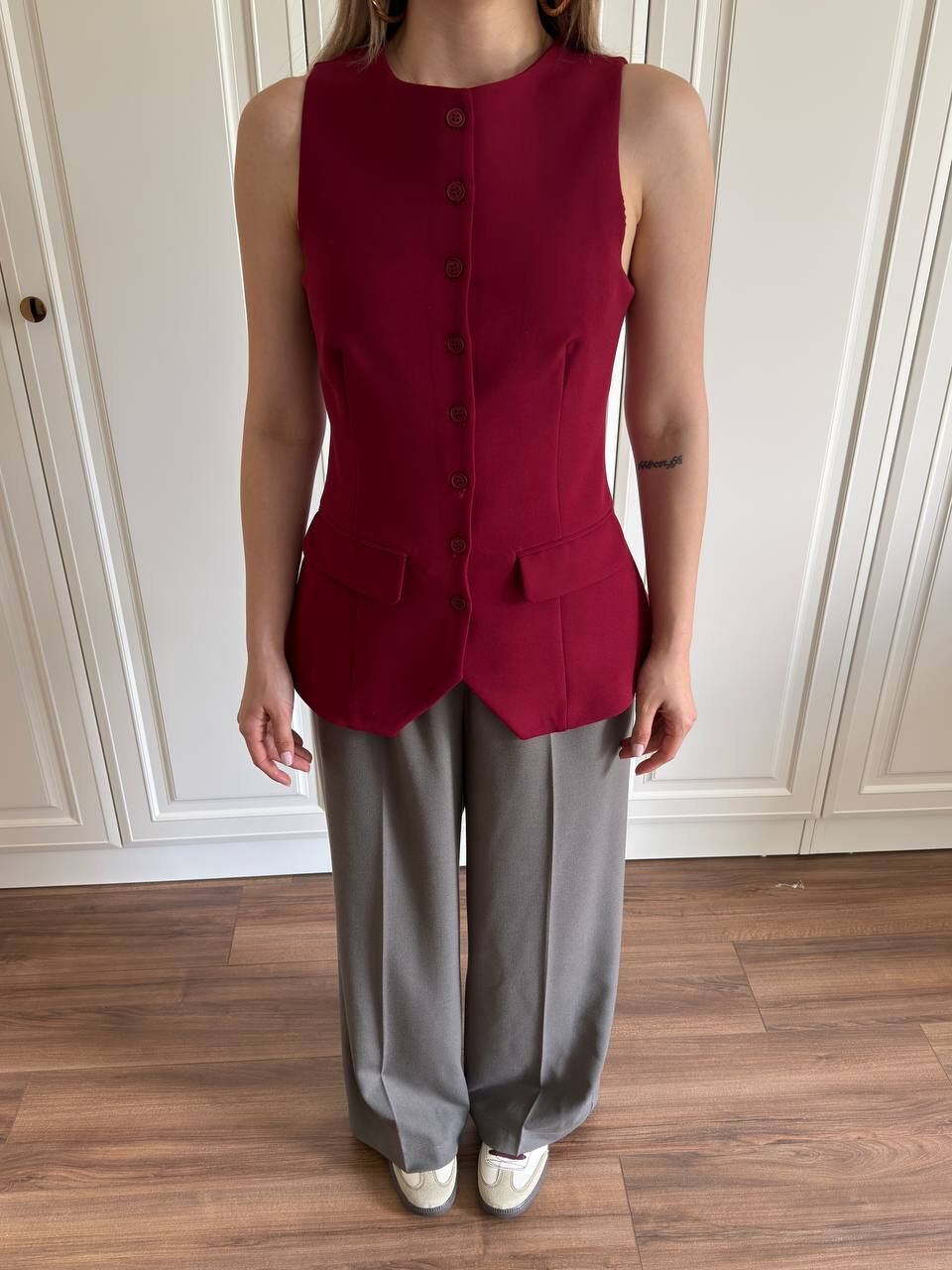 Düğmeli Double Kumaş Yelek Bordo - S