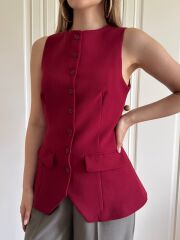 Düğmeli Double Kumaş Yelek Bordo - S
