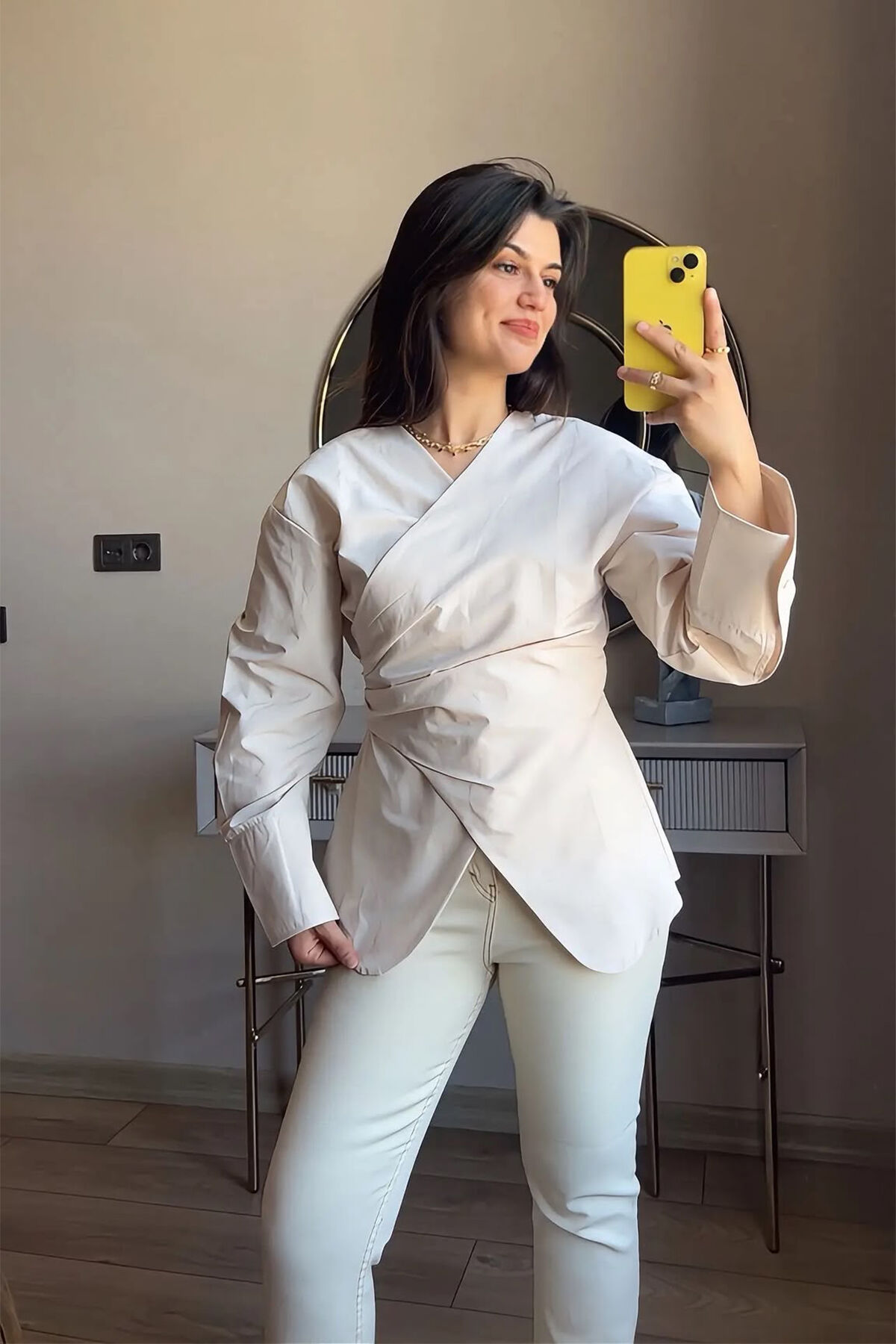 Premium Coton Kumaş Anvelop Gömlek Ekru - L