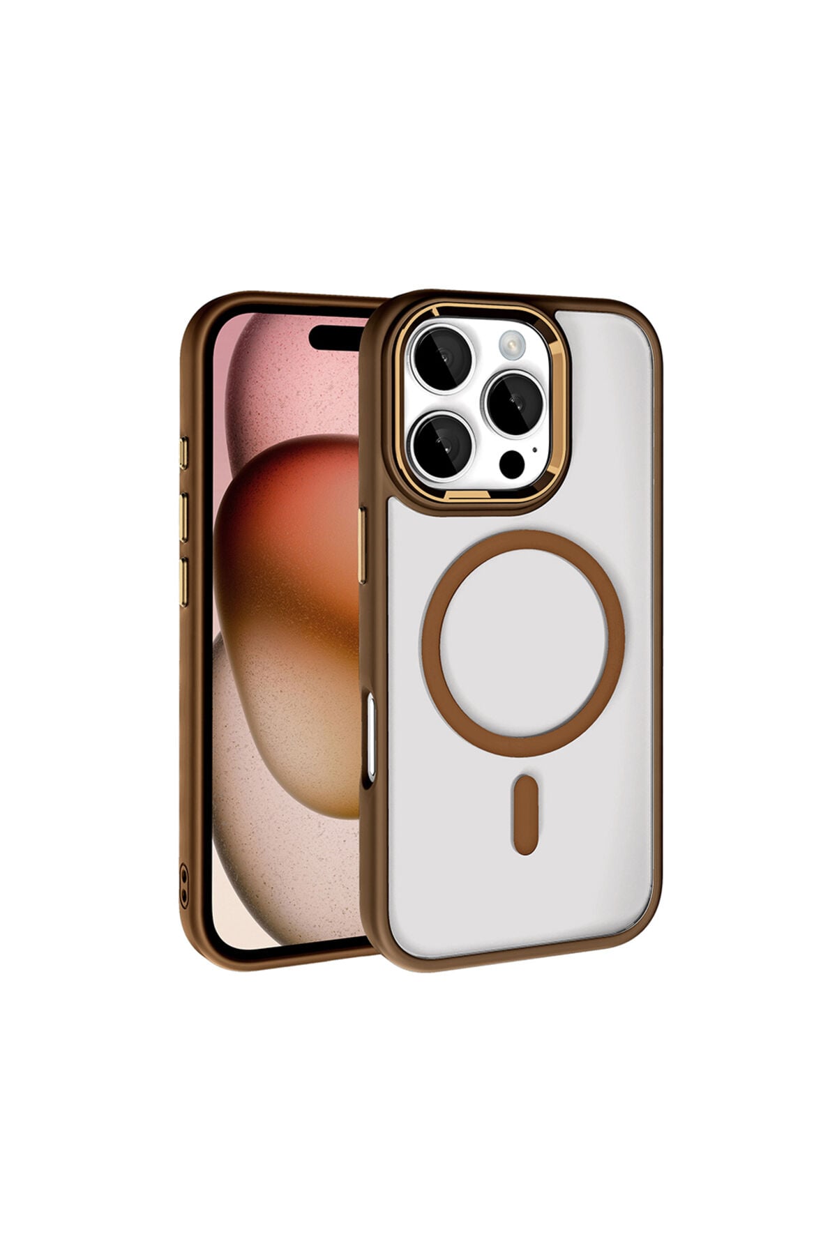 iPhone 16 Pro Max Kılıf Wireless Şarj Özellikli Zore Krom Magsafe Silikon Kapak - Rose Brown Rose Brown