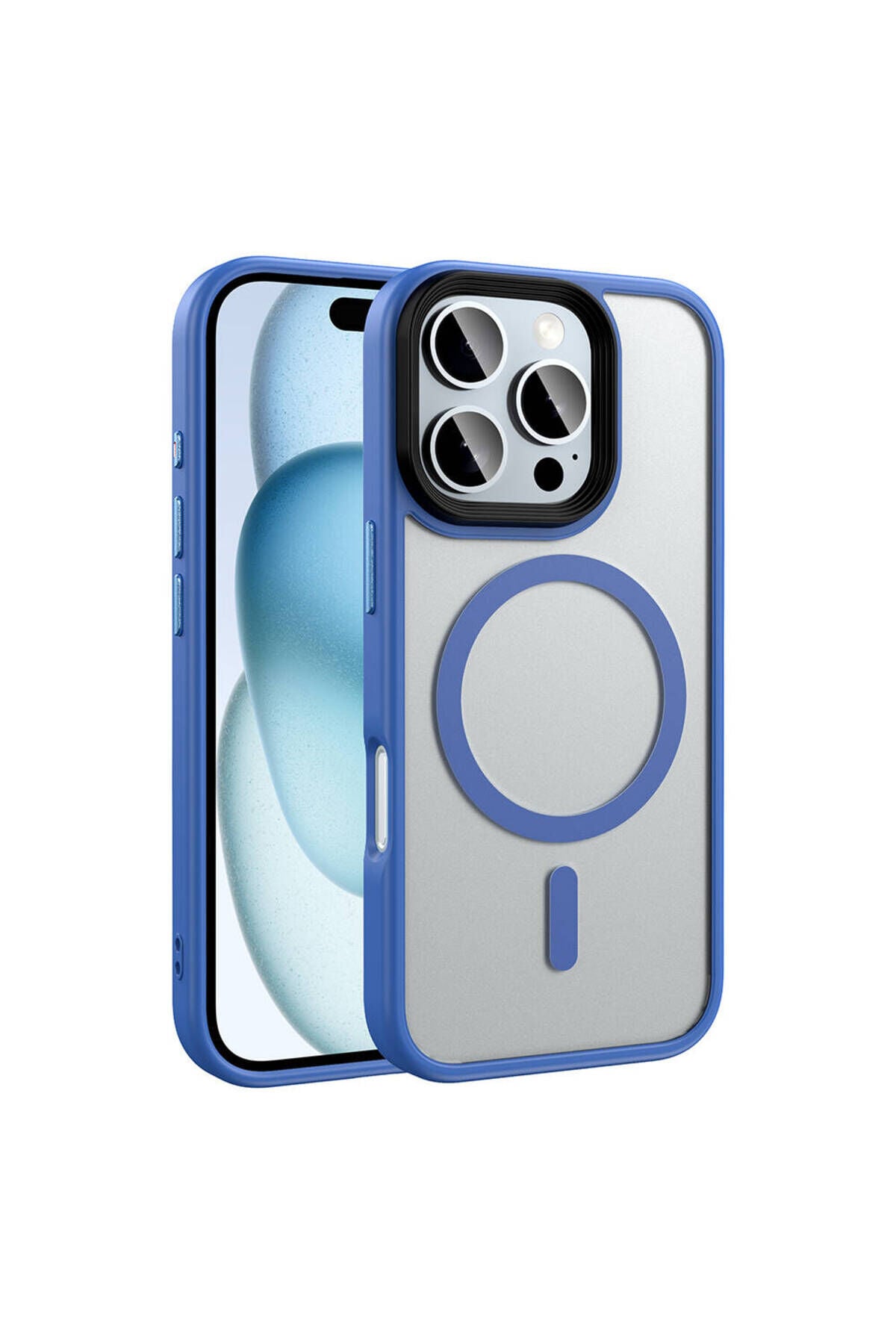 iPhone 16 Pro Max Kılıf Mat Arka Yüzey Wireless Şarj Özellikli Zore Flet Magsafe Kapak-Mavi Mavi