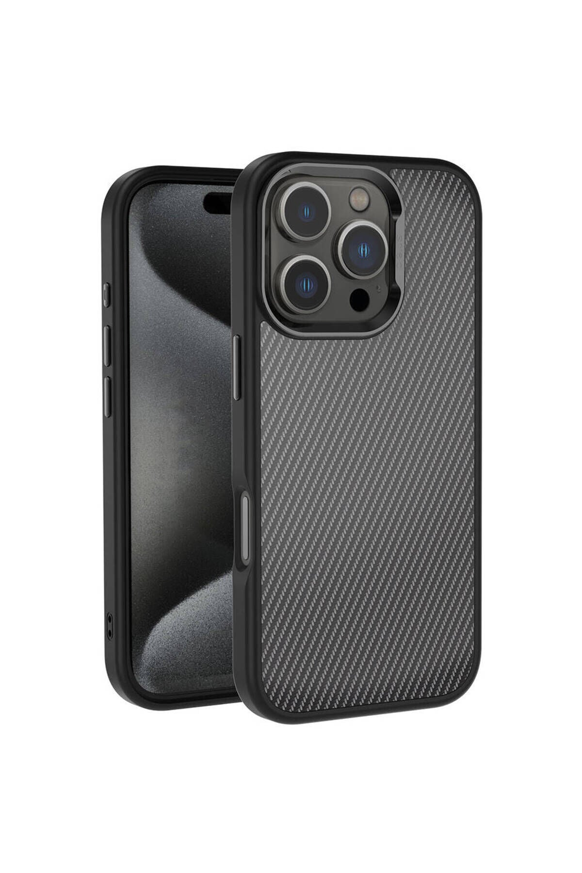 iPhone 16 Pro Kılıf Karbon Fiber Görünümlü Parlak Kamera Çerçeveli Zore Venus Kapak-Siyah Siyah