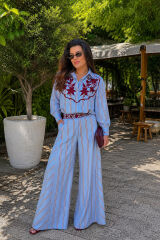 Çizgili Nakış Detaylı Gömlek Pantolon Takım Mavi - STD