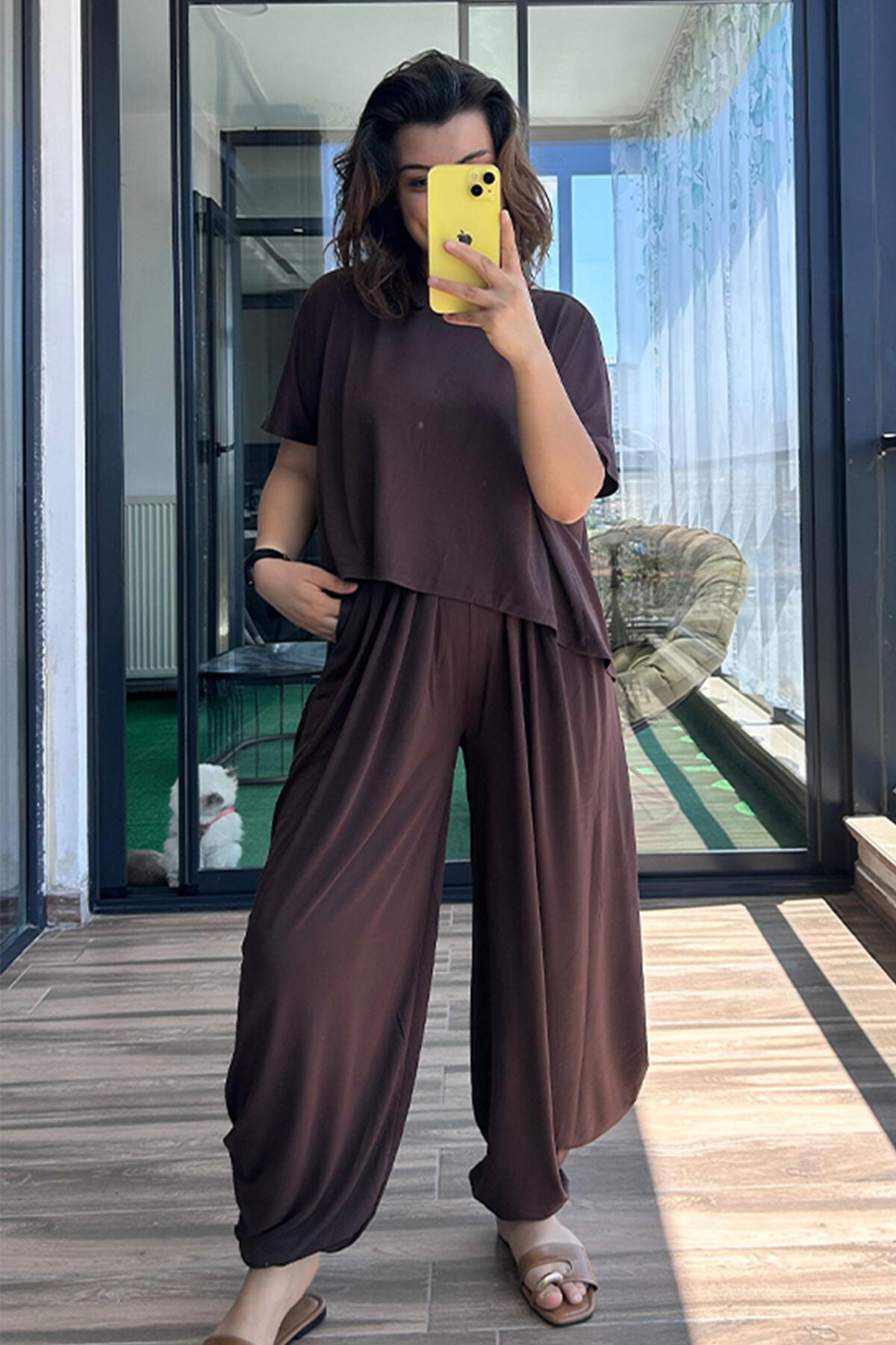 Salaş T-Shirt Pileli Pantolon İkili Takım Bordo - L