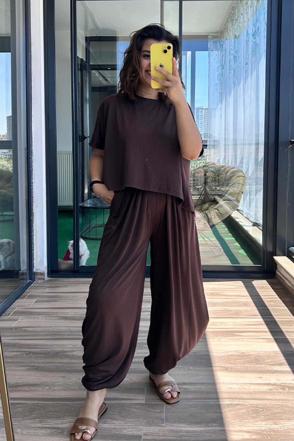 Salaş T-Shirt Pileli Pantolon İkili Takım Bordo - L