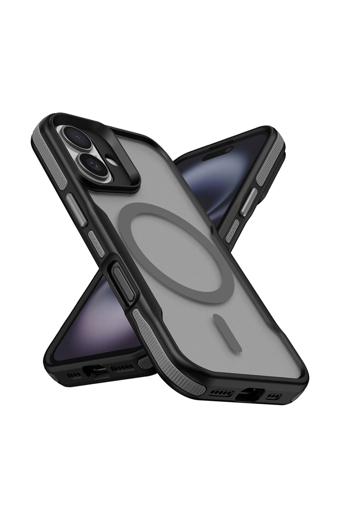 iPhone 16 Uyumlu Magsafe Şarj Özellikli Renkli Kenar Airbag Şeritli Zore Lamer Kapak-Siyah Gri