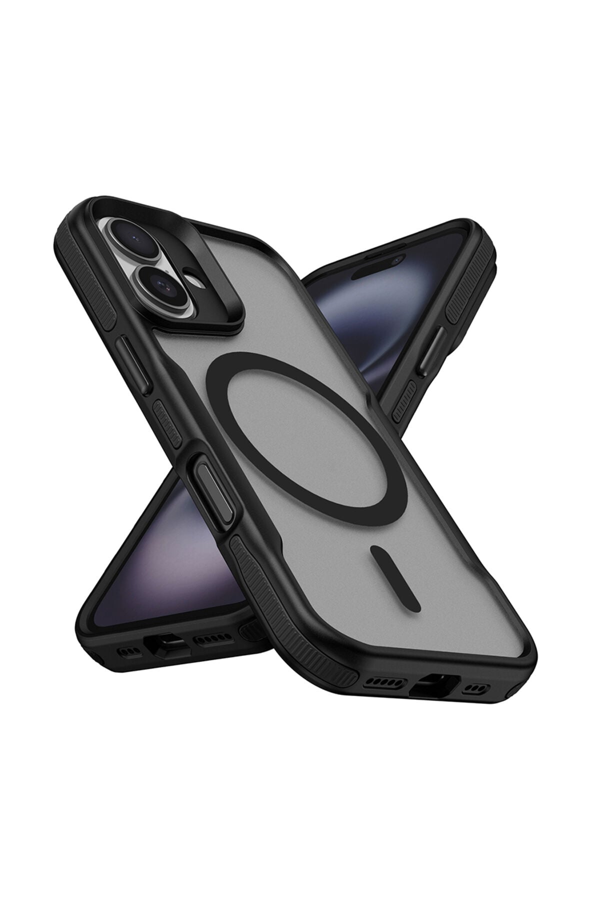 iPhone 16 Plus Uyumlu Magsafe Şarj Özellikli Renkli Kenar Airbag Şeritli Zore Lamer Kapak-Siyah Siyah