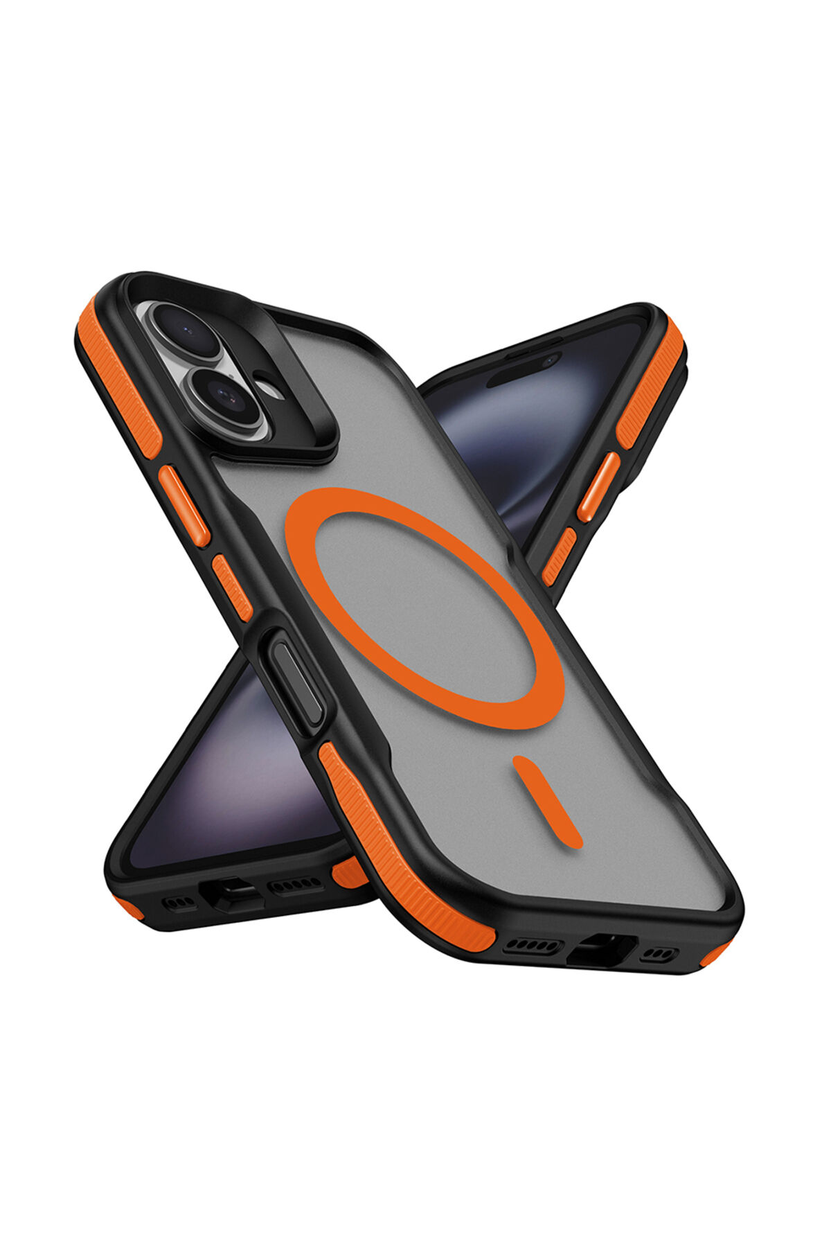 iPhone 16 Plus Uyumlu Magsafe Şarj Özellikli Renkli Kenar Airbag Şeritli Zore Lamer Kapak-Siyah Turuncu