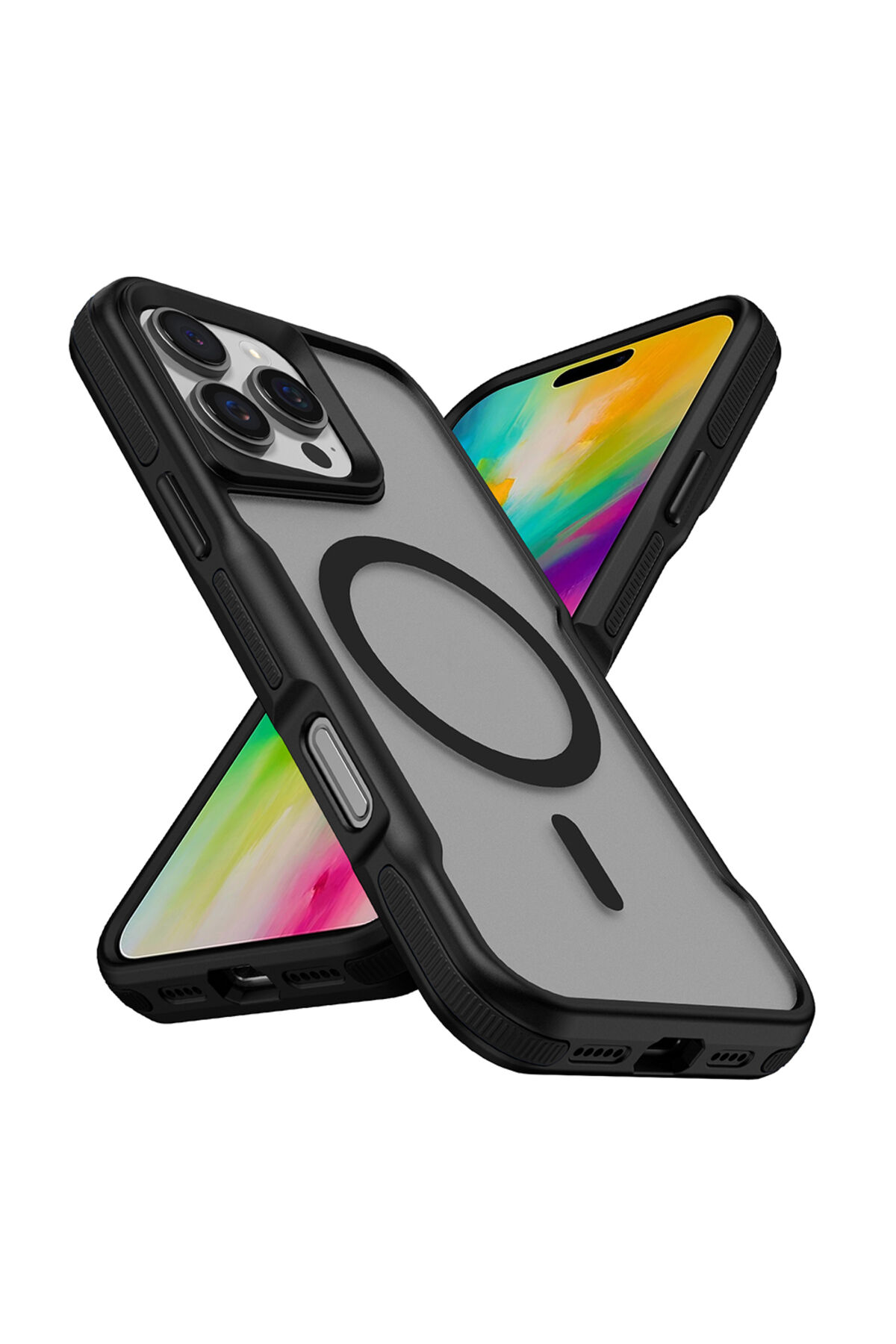 iPhone 16 Pro Uyumlu Magsafe Şarj Özellikli Renkli Kenar Airbag Şeritli Zore Lamer Kapak-Turuncu Siyah