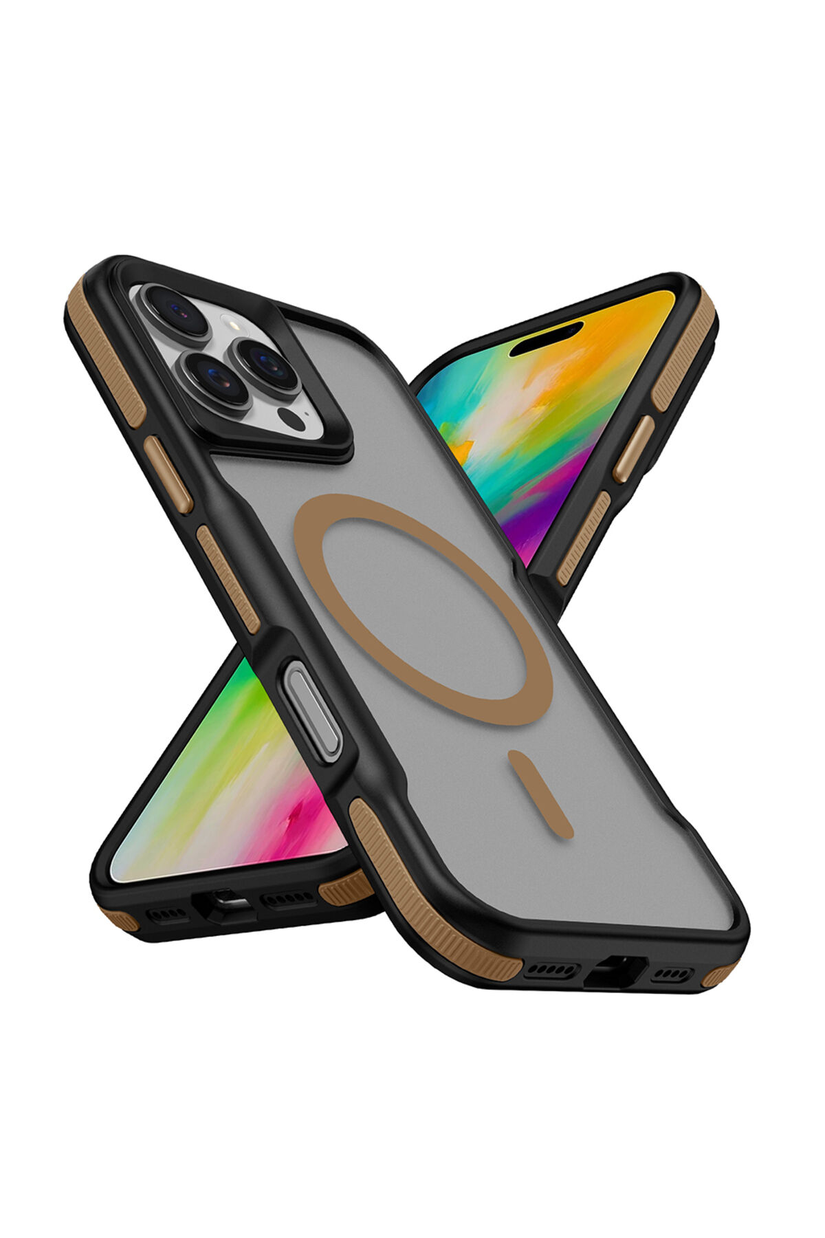 iPhone 16 Pro Uyumlu Magsafe Şarj Özellikli Renkli Kenar Airbag Şeritli Zore Lamer Kapak-Turuncu Titanyum-Gold