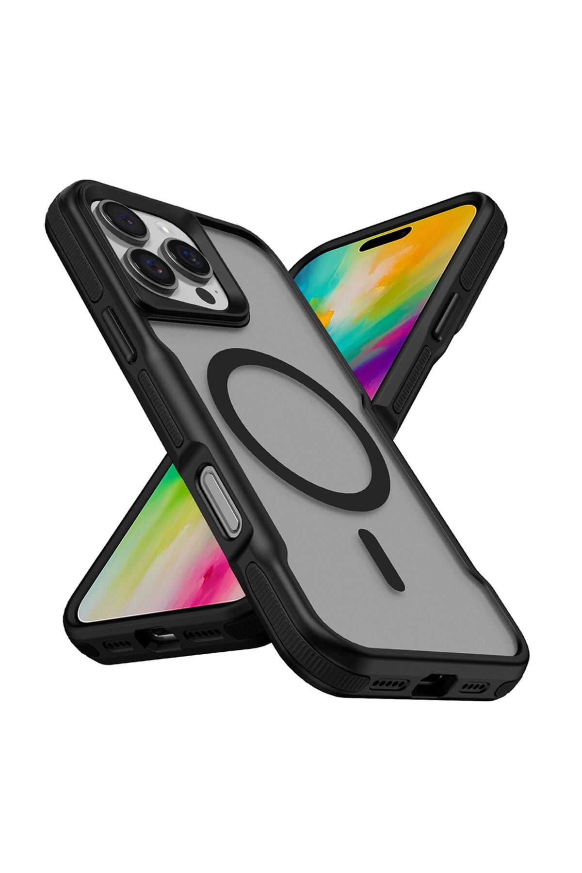 iPhone 16 Pro Max Uyumlu Magsafe Şarj Özellikli Renkli Kenar Airbag Şeritli Zore Lamer Kapak-Siyah Siyah
