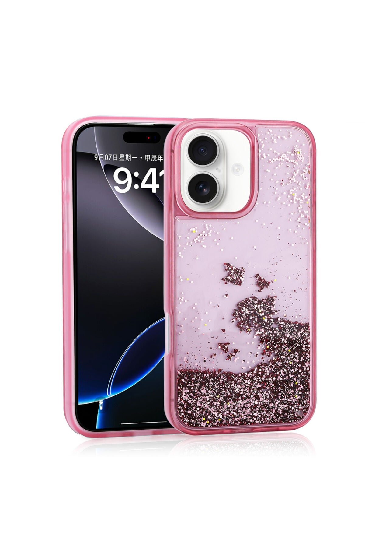iPhone 16 Kılıf Sıvılı Simli Şeffaf Arka Yüzey Zore Keto Silikon Kapak - Pembe Pembe