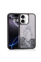 iPhone 16 Kılıf Sıvılı Simli Şeffaf Arka Yüzey Zore Keto Silikon Kapak - Pembe Siyah