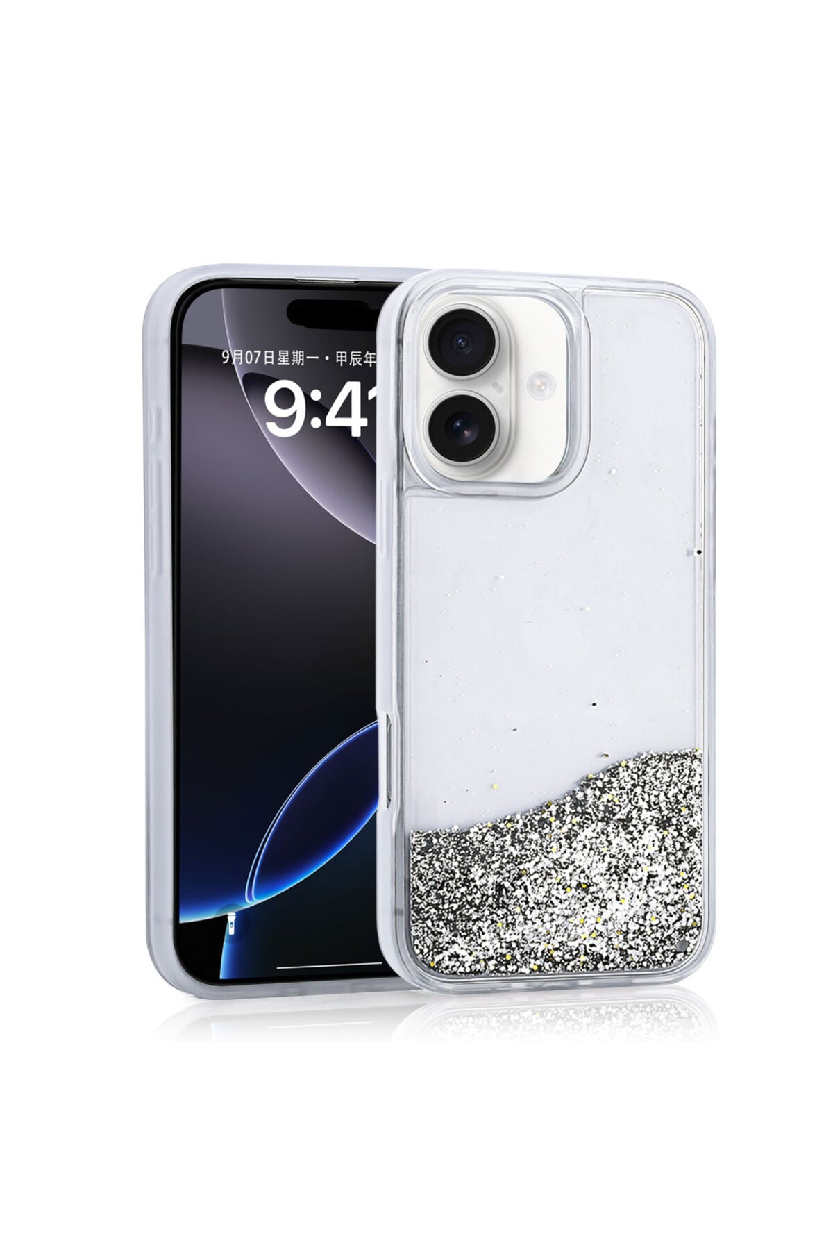 iPhone 16 Kılıf Sıvılı Simli Şeffaf Arka Yüzey Zore Keto Silikon Kapak - Pembe Gümüş