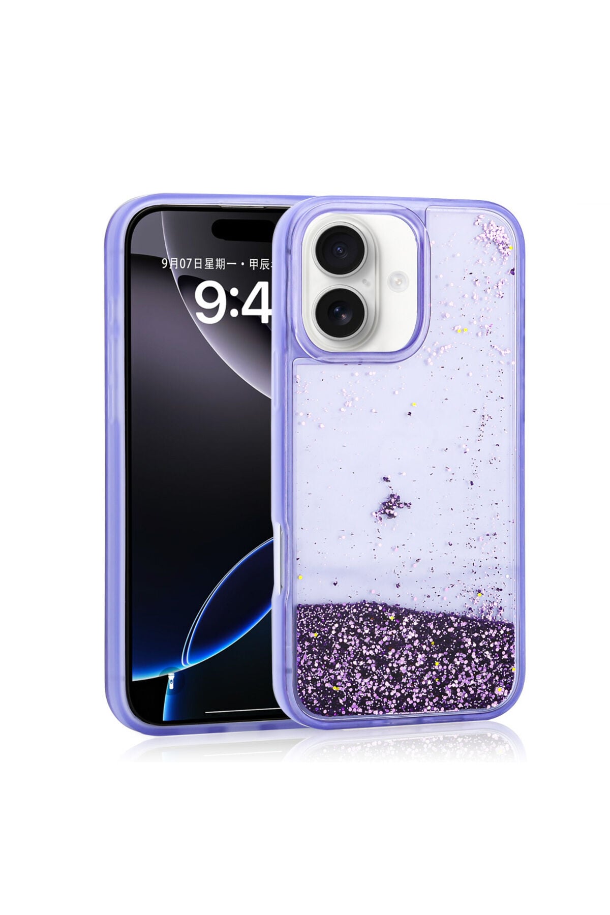 iPhone 16 Kılıf Sıvılı Simli Şeffaf Arka Yüzey Zore Keto Silikon Kapak - Pembe Mor