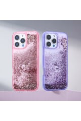 iPhone 16 Pro Max Kılıf Sıvılı Simli Şeffaf Arka Yüzey Zore Keto Silikon Kapak - Mor Siyah