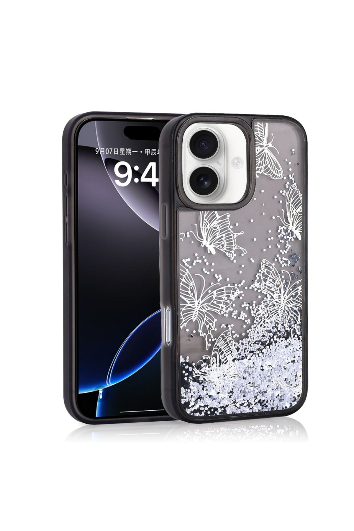 iPhone 16 Kılıf Sıvılı Simli Kelebek Baskılı Şeffaf Arka Yüzey Zore Glis Silikon Kapak - Mor Siyah
