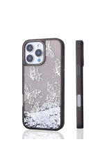 iPhone 16 Pro Kılıf Sıvılı Simli Kelebek Baskılı Şeffaf Arka Yüzey Zore Glis Silikon Kapak - Mor Mor
