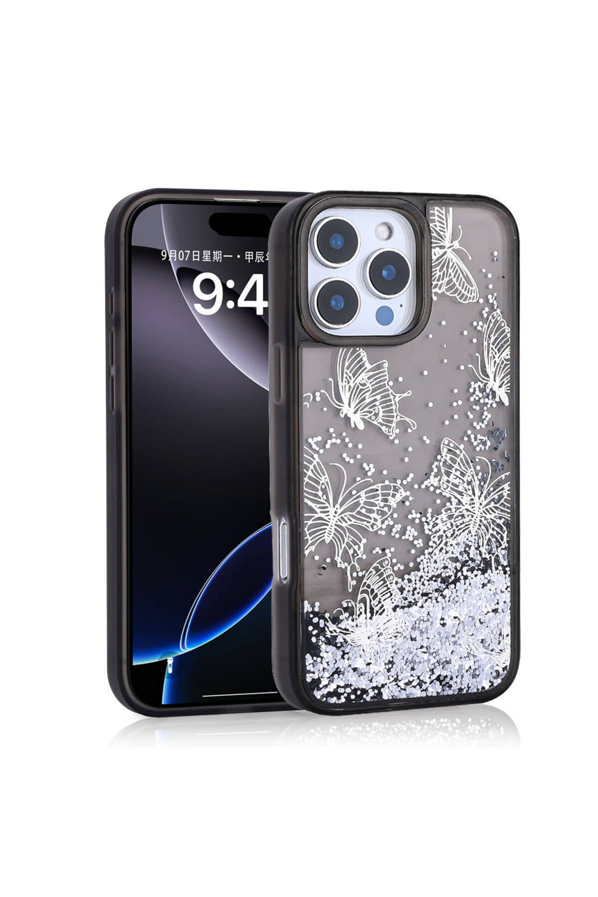 iPhone 16 Pro Kılıf Sıvılı Simli Kelebek Baskılı Şeffaf Arka Yüzey Zore Glis Silikon Kapak - Mor Siyah