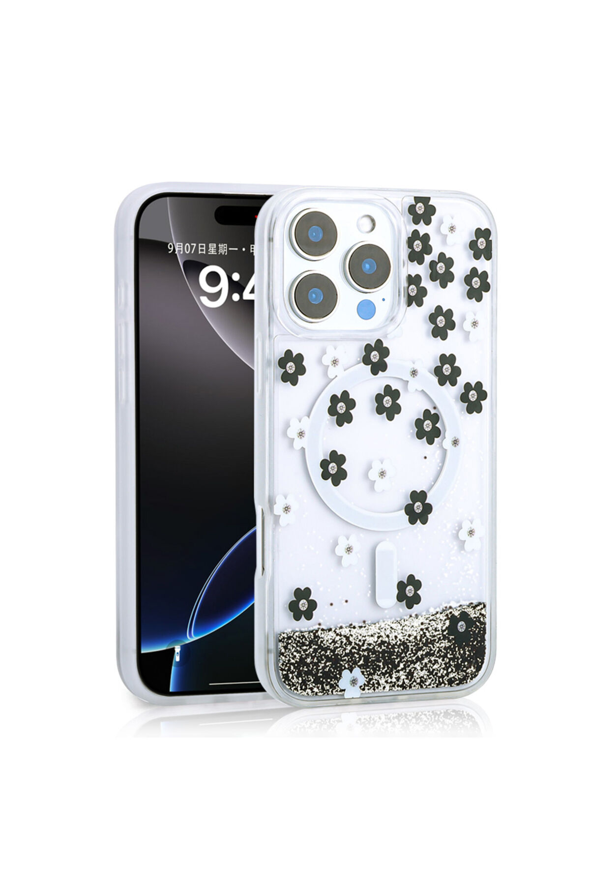 iPhone 16 Pro Kılıf Sıvılı Simli Baskılı Şeffaf Arka Yüzey Zore Mossa Silikon Kapak - Siyah Siyah