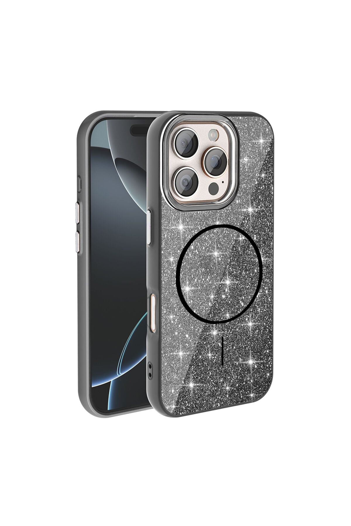 iPhone 16 Pro Kılıf Magsafe Şarj Özellikli Parlayan Simli Zore Okso Kapak - Gold Siyah