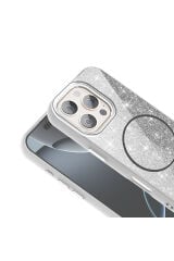 iPhone 16 Pro Max Kılıf Magsafe Şarj Özellikli Parlayan Simli Zore Okso Kapak - Beyaz Gold