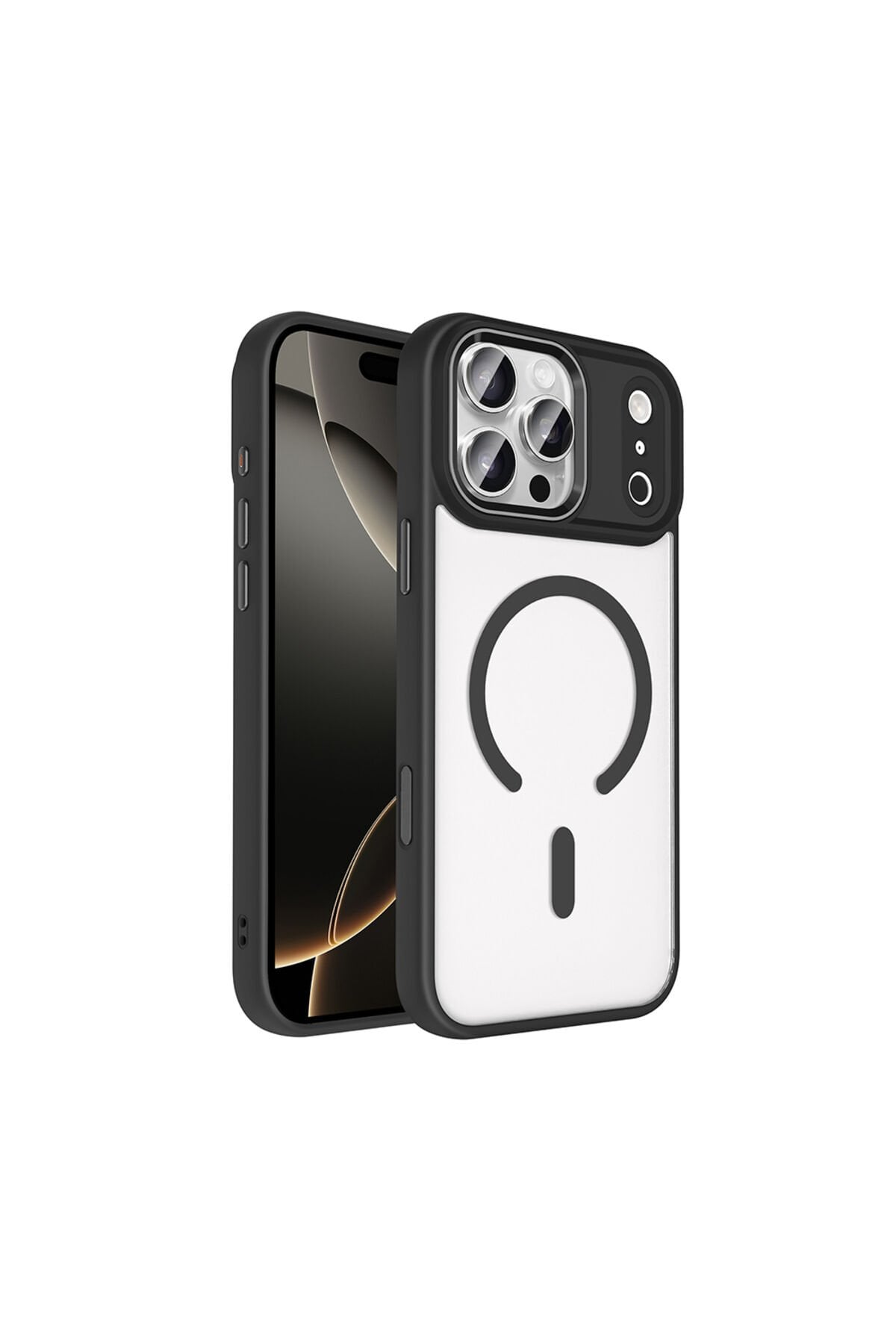 iPhone 17 Pro Max Kılıf Wireless Şarj Özellikli Zore Krom M-safe Silikon Kapak Siyah