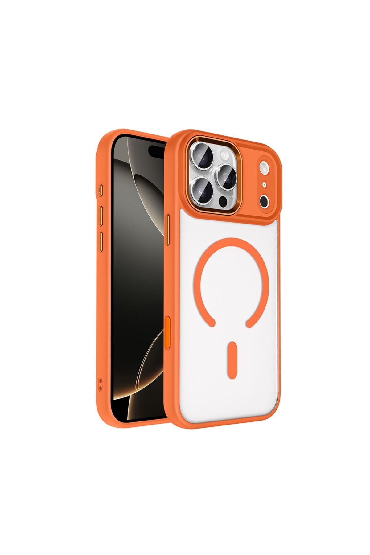 iPhone 17 Pro Max Kılıf Wireless Şarj Özellikli Zore Krom M-safe Silikon Kapak Turuncu