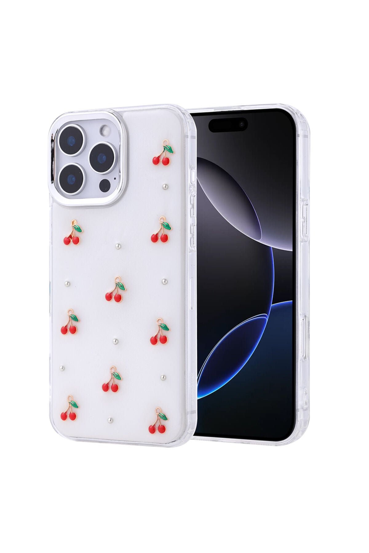iPhone 16 Pro Max Kılıf Airbag Tasarımlı Simli Şeffaf HNZM Kutup Kapak - NO1 Kiraz