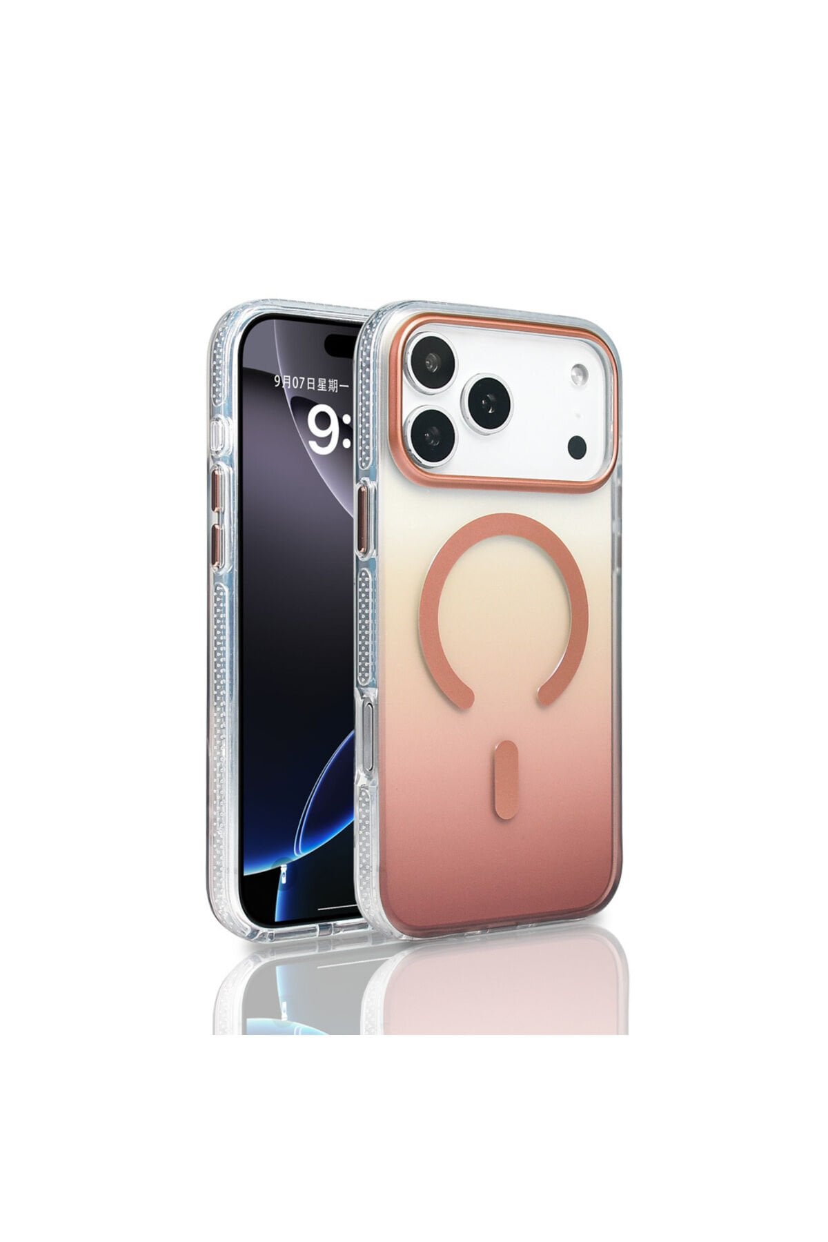 iPhone 17 Pro Max Kılıf M-safe Şarj Özellikli Transparan Renk Geçişli Zore Toros Kapak Altın