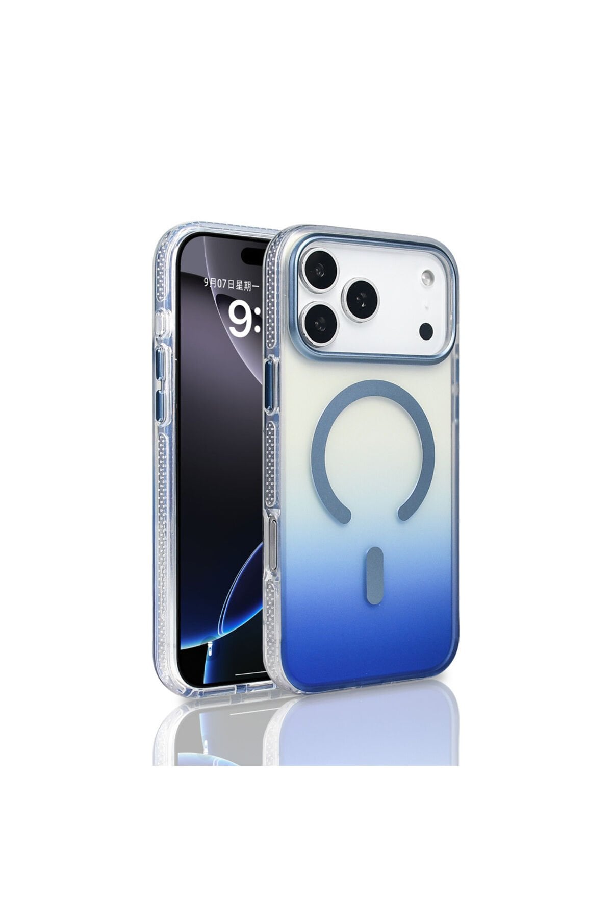 iPhone 17 Pro Max Kılıf M-safe Şarj Özellikli Transparan Renk Geçişli Zore Toros Kapak Mavi