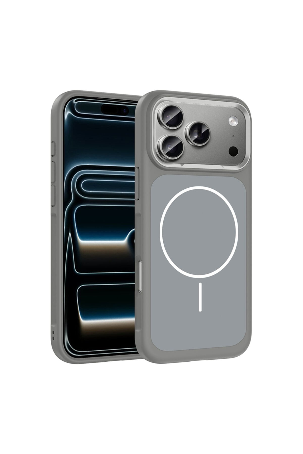 iPhone 17 Pro Max Kılıf M-Safe Şarj Özellikli Metal Kamera Çerçeveli Zore Sanremo Silikon Kapak Gri