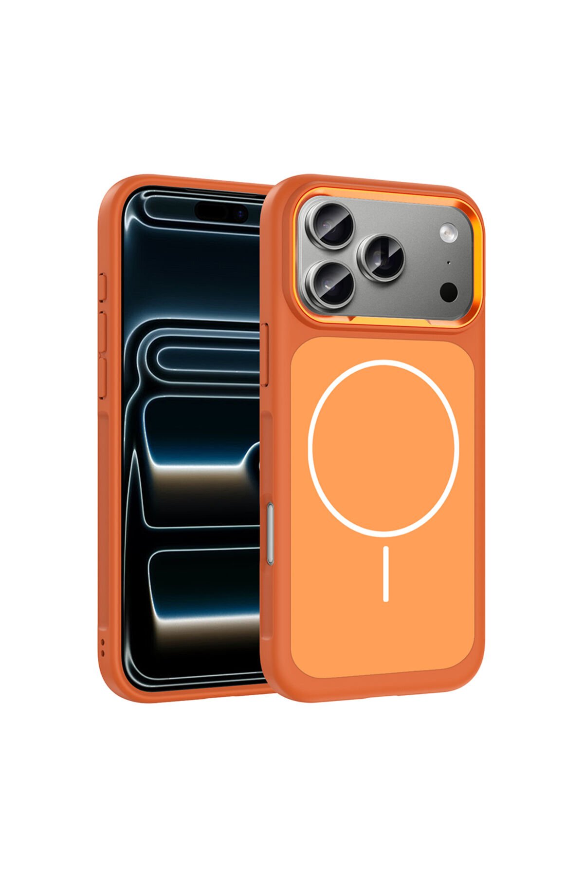 iPhone 17 Pro Max Kılıf M-Safe Şarj Özellikli Metal Kamera Çerçeveli Zore Sanremo Silikon Kapak Turuncu