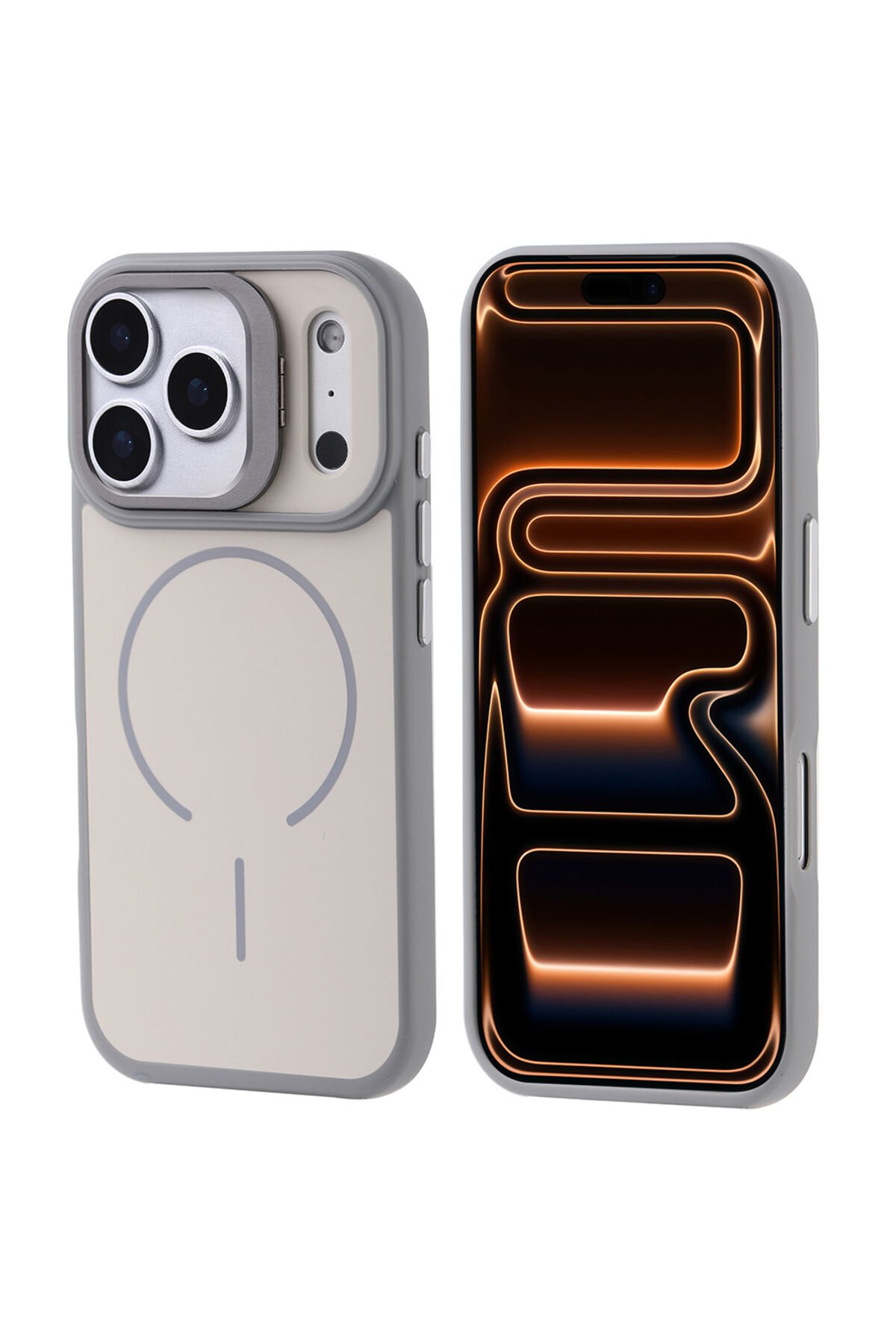 iPhone 17 Pro Max Kılıf M-safe Şarj Özellikli Kamera Standlı Notron Kapak Gri