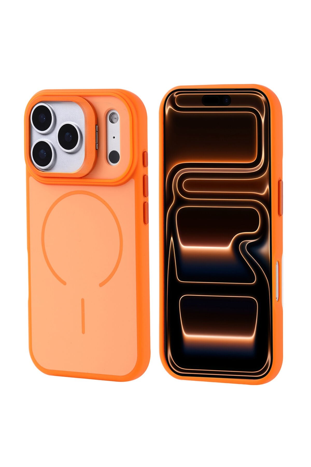 iPhone 17 Pro Max Kılıf M-safe Şarj Özellikli Kamera Standlı Notron Kapak Turuncu