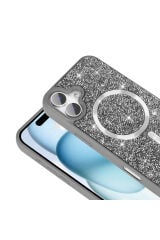 iPhone 16 Kılıf Pırlanta Tasarımlı Magsafe Şarj Özellikli Zore Mozaik Silikon Kapak - Desert Titanyu Siyah