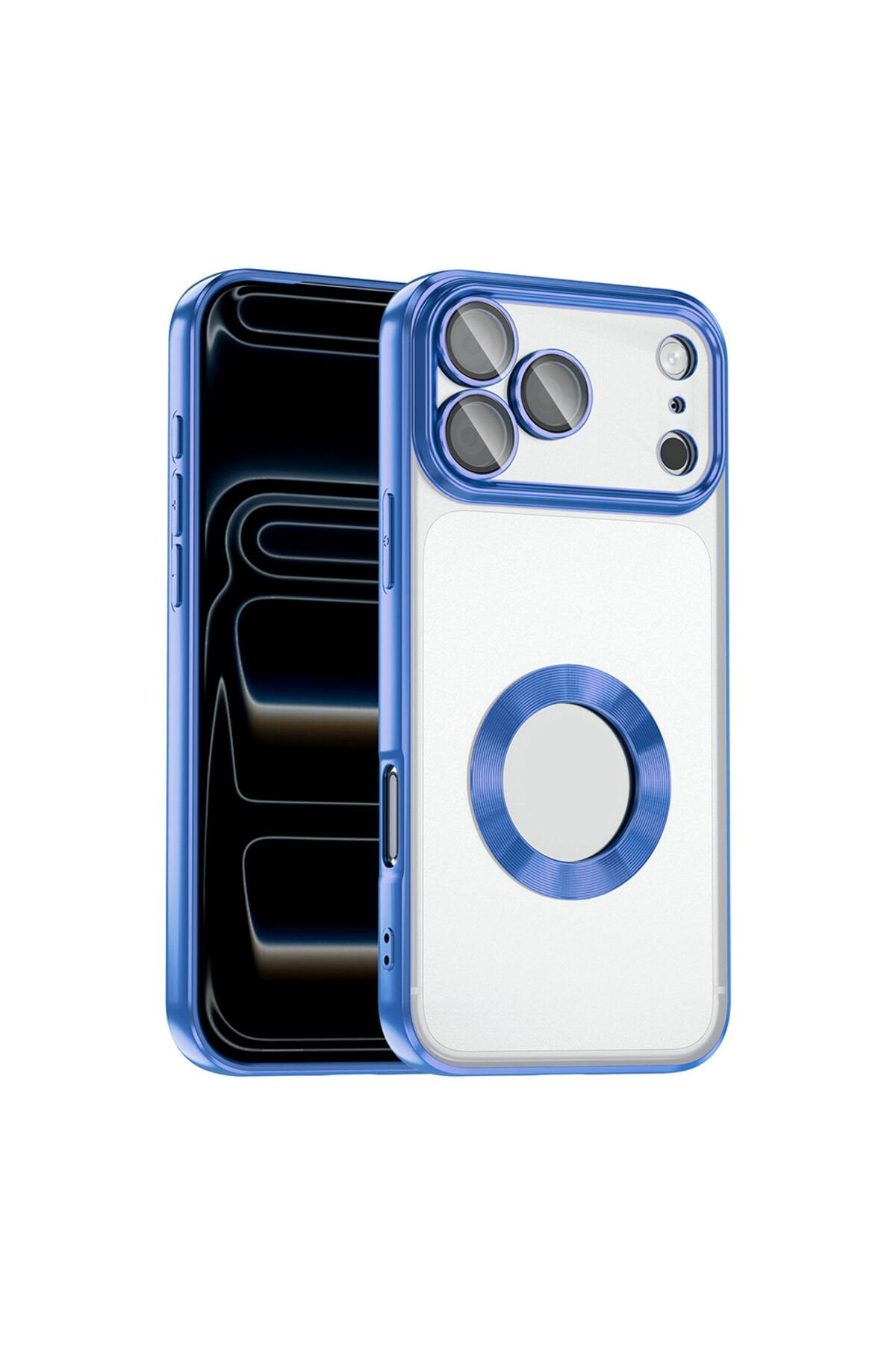 iPhone 17 Pro Max Kılıf Kamera Korumalı Logo Gösteren Zore Omega Kapak Mavi