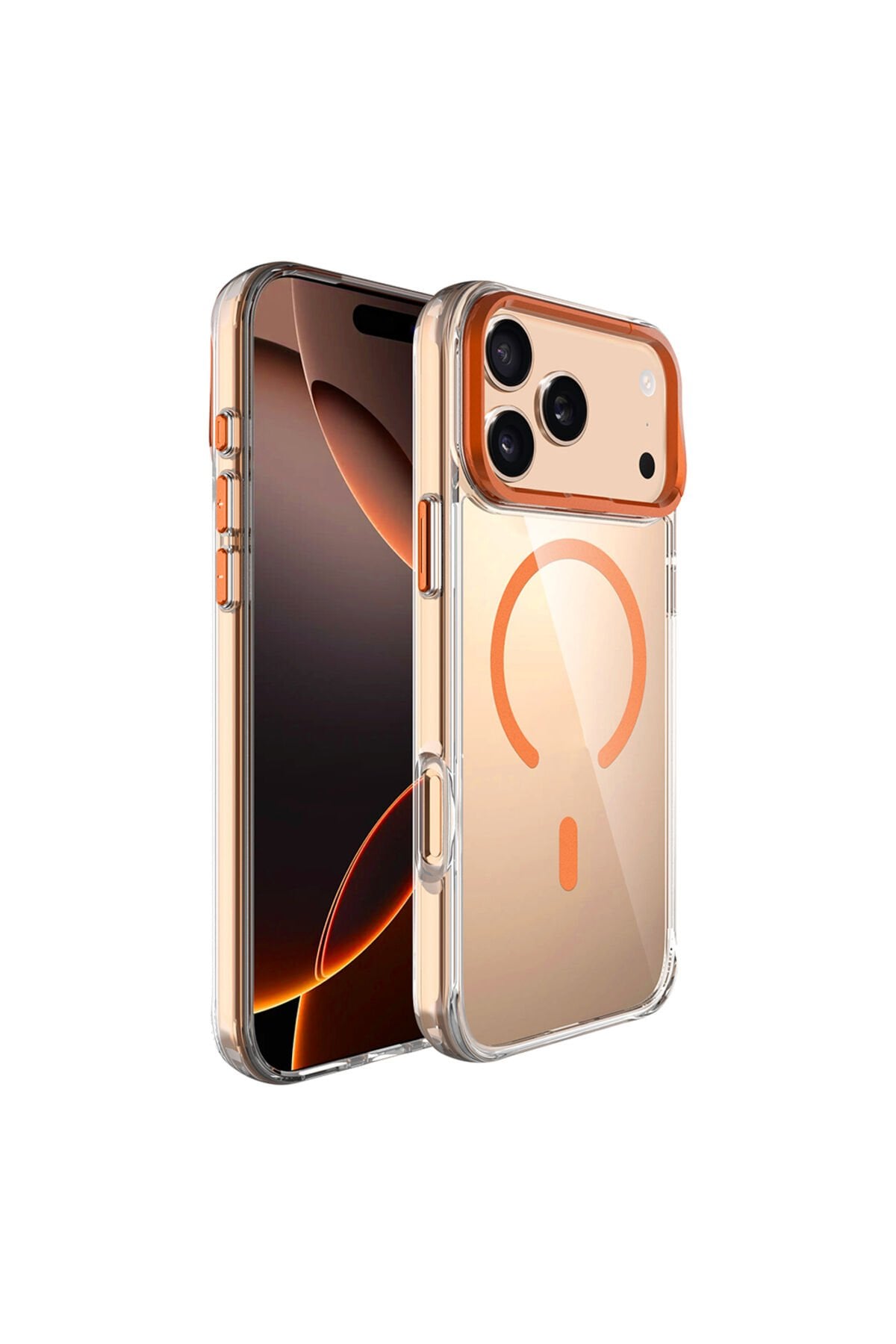 iPhone 17 Pro Max Kılıf M-safe Şarj Özellikli Airbagli Kamera Standlı Zore Azor Kapak Turuncu