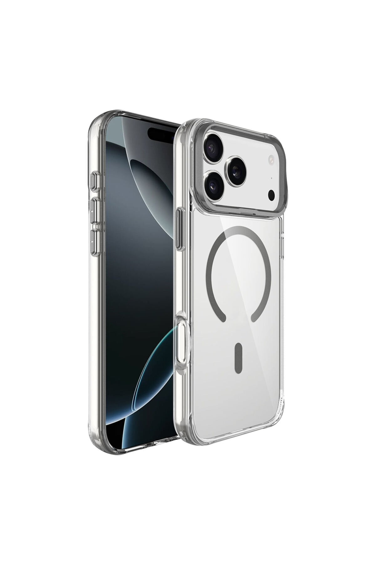 iPhone 17 Pro Max Kılıf M-safe Şarj Özellikli Airbagli Kamera Standlı Zore Azor Kapak Gri
