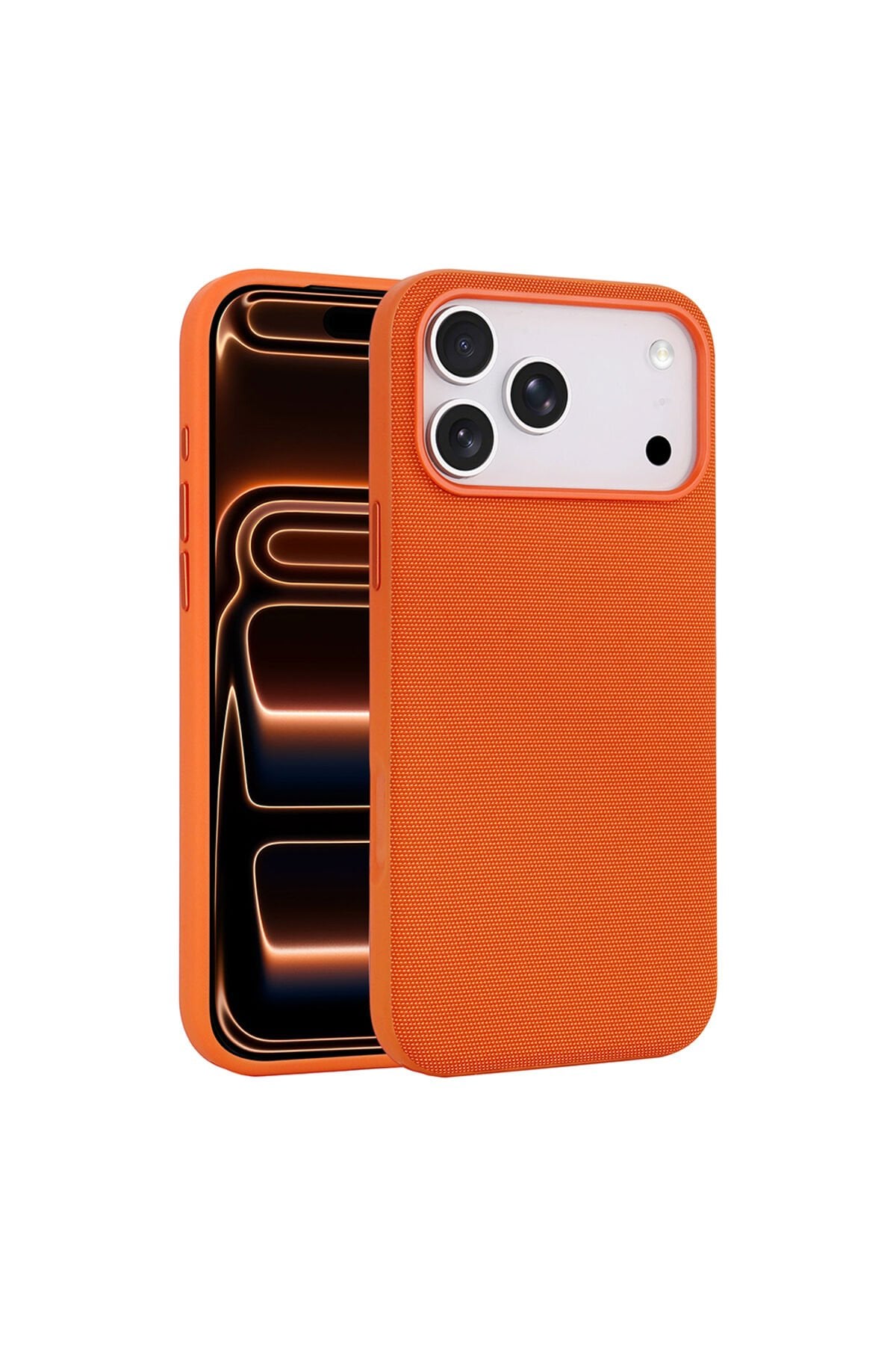 iPhone 17 Pro Max Kılıf M-Safe Şarj Özellikli Kumaş Tasarımlı Zore Miami Sert PC Kapak Turuncu