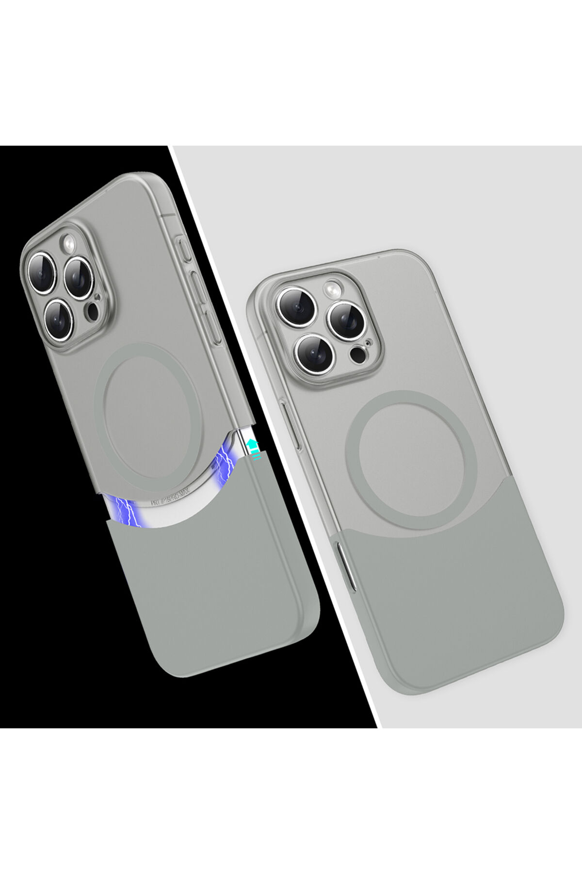 iPhone 16 Pro Max Kılıf M-Safe Şarj Özellikli Mıknatıslı ZPRB Duble Kapak - Siyah Gri