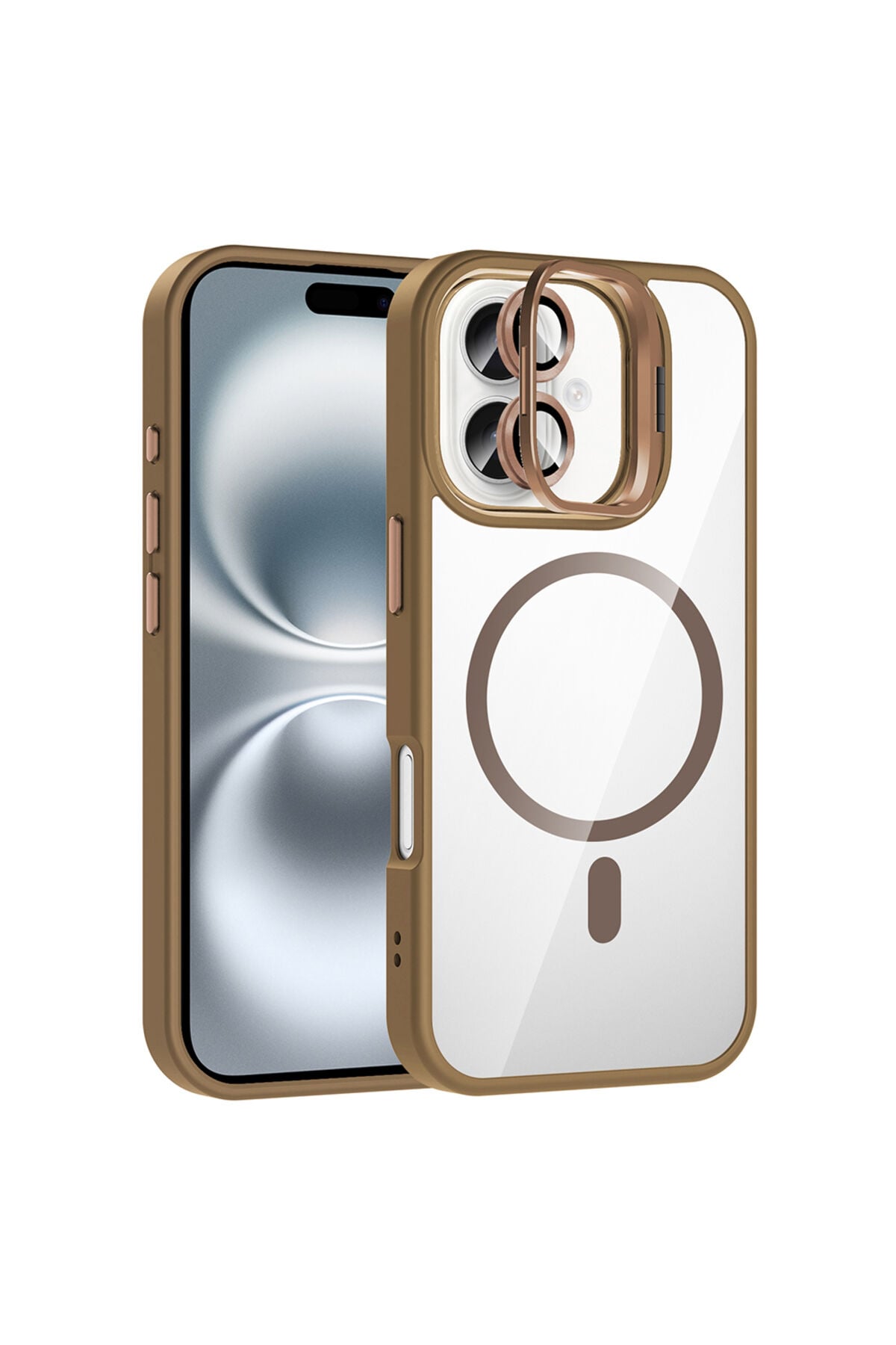 iPhone 16 Kılıf Standlı ve Kamera Lens Hediyeli M-Safe Şarj Özellikli Zore Etro Kapak - Desert Titan Desert Titanyum