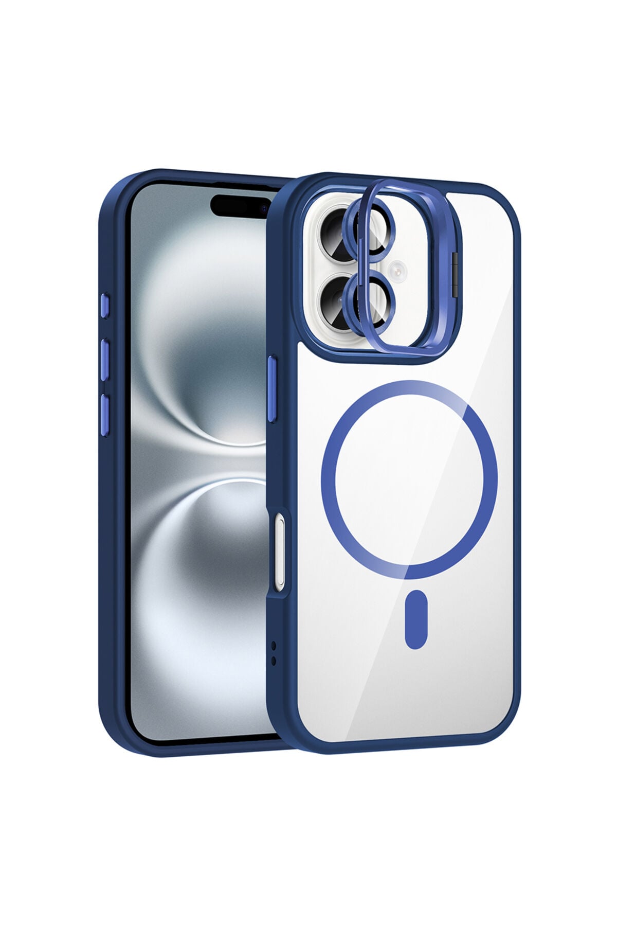 iPhone 16 Kılıf Standlı ve Kamera Lens Hediyeli M-Safe Şarj Özellikli Zore Etro Kapak - Desert Titan Lacivert