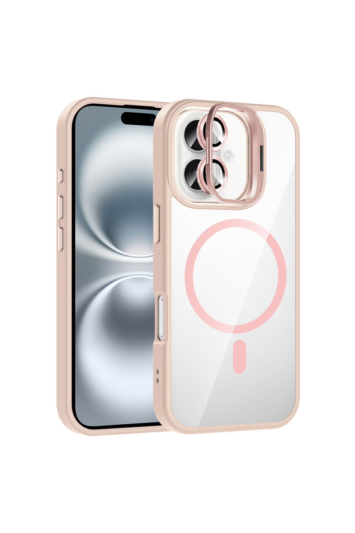 iPhone 16 Kılıf Standlı ve Kamera Lens Hediyeli M-Safe Şarj Özellikli Zore Etro Kapak - Desert Titan Pembe
